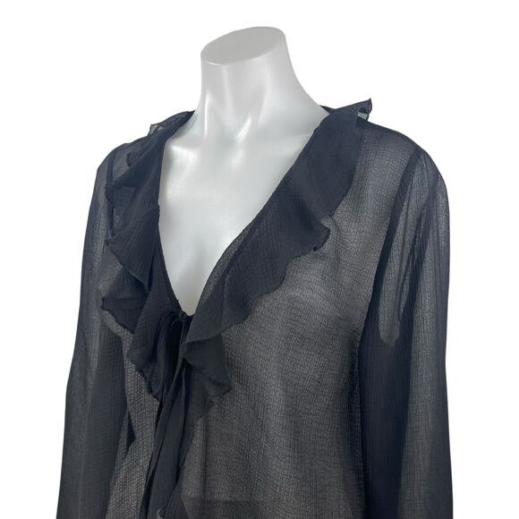 Zara Women's Black Plunge V-neck Ruffle Collar Long Sleeve Sheer Blouse Top Sz M - Picture 3 of 5